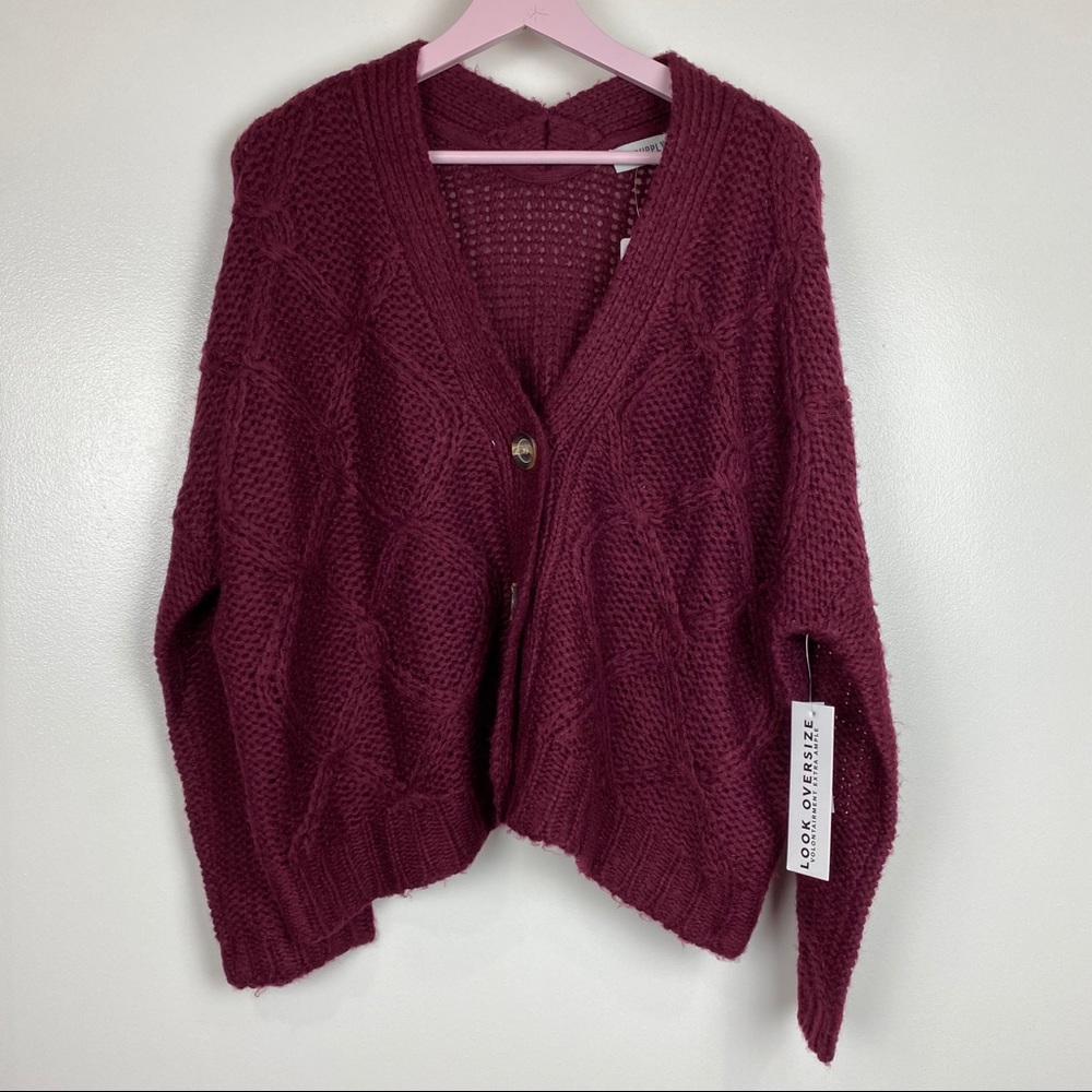 Rag Supply oversized cardigan medium burgundy v neck oversized cropped/short New